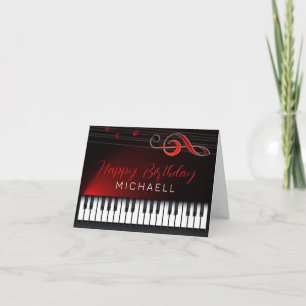 Black and White Piano Red Clef Birthday Kort