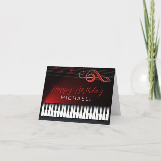 Black and White Piano Red Clef Birthday Kort (Framsida)