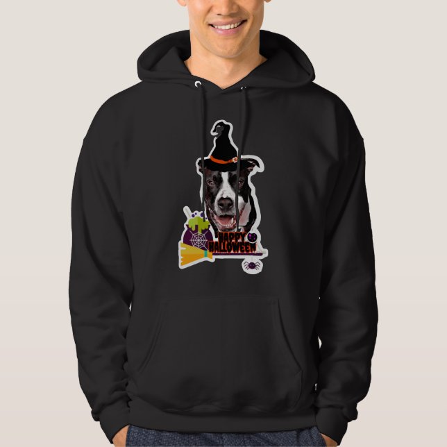 Black and White Pitbull Hund Witch Halloween Hoodie (Framsida)