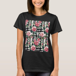 Black and White Plaid With Leafy Pink Camellias T Shirt