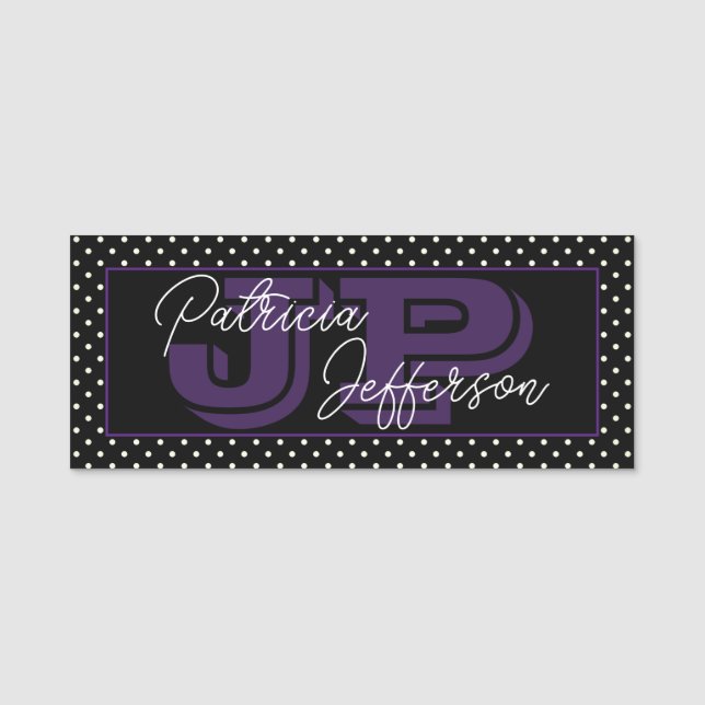 Black and White Polka Dot: Chic Lila Monogrammed Namnbricka (Framsida)