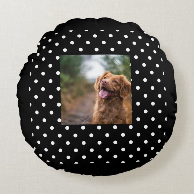 Black and white polka dot Dog pic Rund Kudde (Framsidan)
