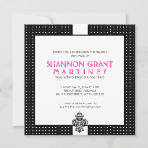 Black and White Polka-Dot-Elegant Grad Inbjudan