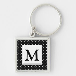 Black and White Polka Dot Modern Monogram Fyrkantig Silverfärgad Nyckelring