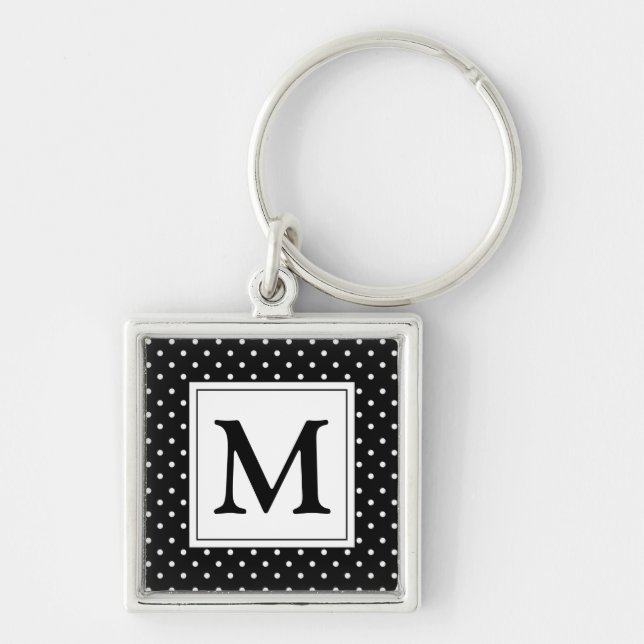 Black and White Polka Dot Modern Monogram Fyrkantig Silverfärgad Nyckelring (Framsidan)