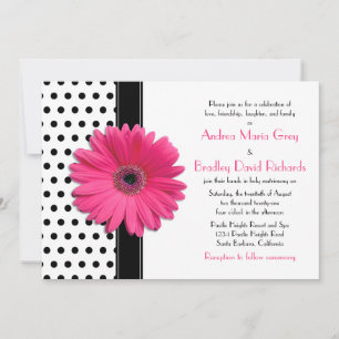Black and White Polka Dot Rosa Daisy Bröllop Inbjudningar