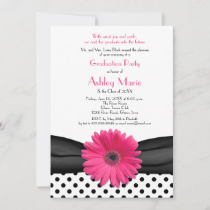 Black and White Polka Dot Rosa Daisy Studenten Inbjudningar