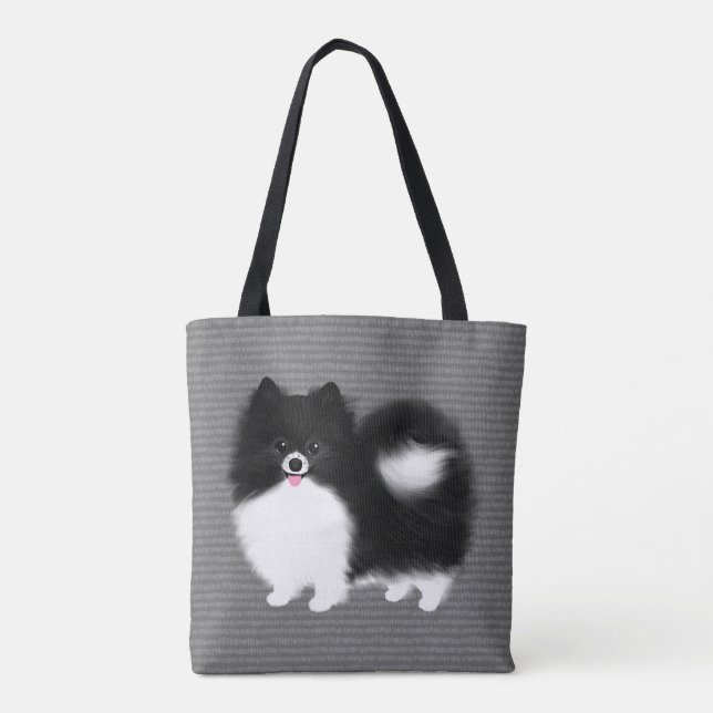 Black and White Pomeranian Cartoon Dog Tygkasse (Baksida)