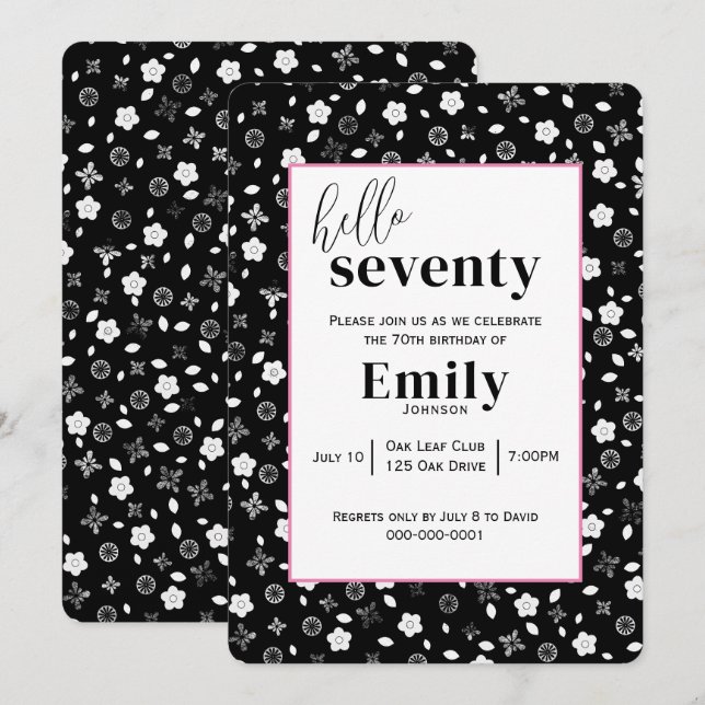 Black and White Posy för 70:e Födelsedagsfesten Inbjudningar (Fram/baksida)