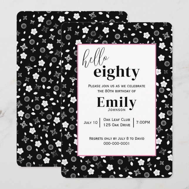 Black and White Posy för 80:e Födelsedagsfesten Inbjudningar (Fram/baksida)