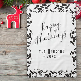 Black and White Rococo Happy Holidays Script Kökshandduk