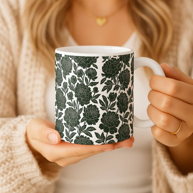 Black and White Rose Mug Linocut Floral Pattern Bo Kaffemugg (Skapare uppladdad)