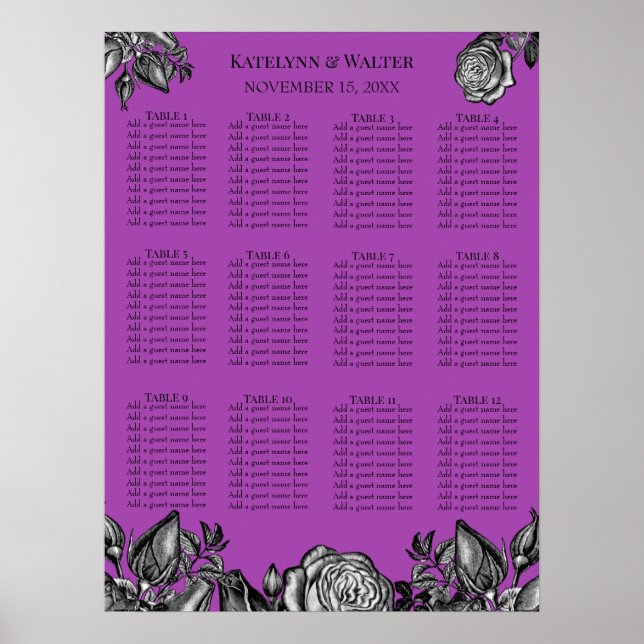 Black and White Roses Electric Purple Wedding Poster (Framsidan)