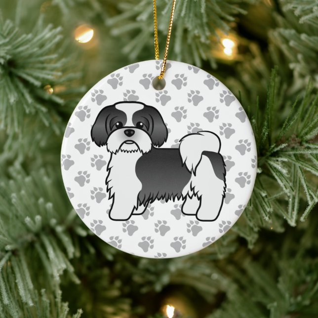 Black and White Shih Tzu Cute Tecknad hund Julgransprydnad Keramik (Träd)