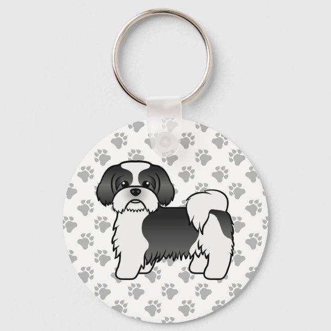 Black and White Shih Tzu Cute Tecknad hund Nyckelring (Framsida)