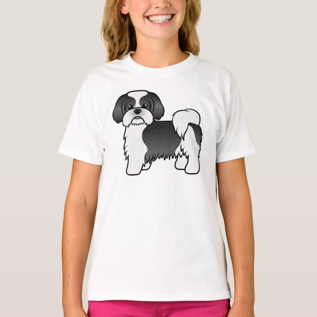 Black and White Shih Tzu Cute Tecknad hund T Shirt (Framsida)