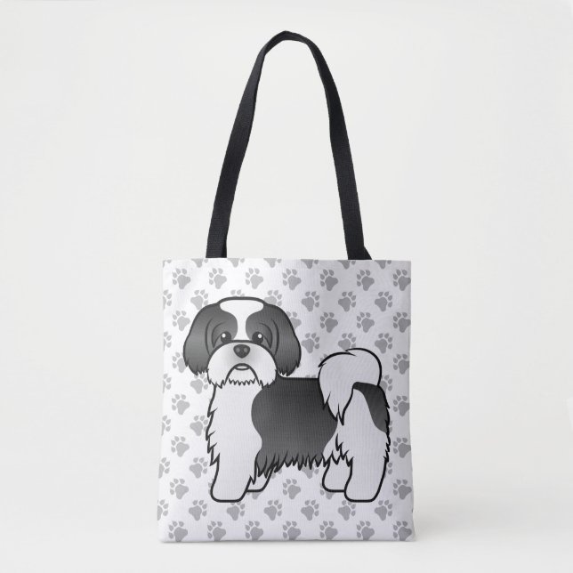 Black and White Shih Tzu Cute Tecknad hund & Tassa Tygkasse (Framsida)