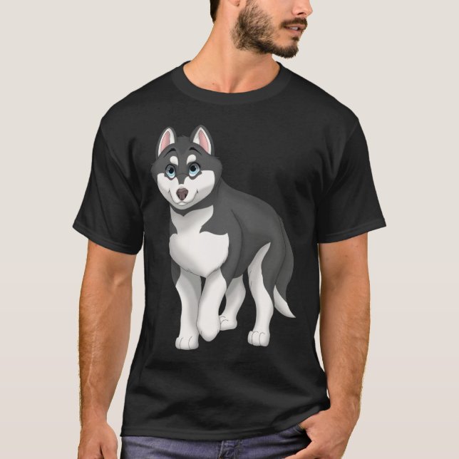 Black and White Siberian Husky Dog with Blue Eyes T Shirt (Framsida)