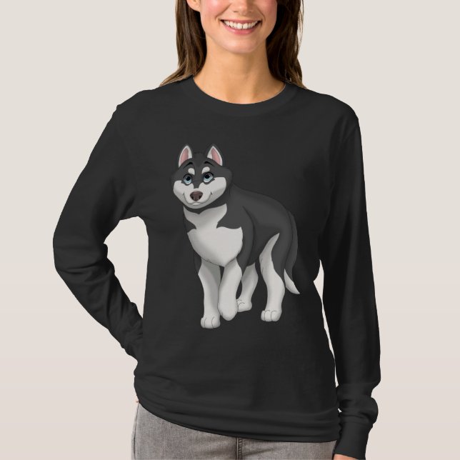 Black and White Siberian Husky Dog with Blue Eyes T Shirt (Framsida)