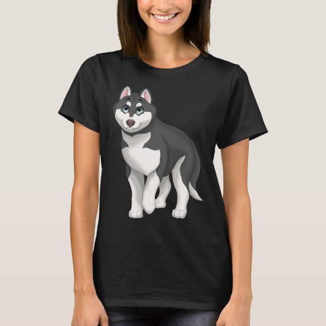 Black and White Siberian Husky Dog with Blue Eyes T Shirt (Framsida)