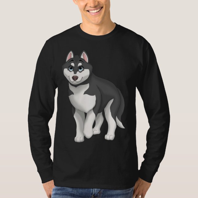 Black and White Siberian Husky Dog with Blue Eyes T Shirt (Framsida)