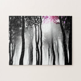 Black and White Silhouette Forest and Tiny Lila Pussel