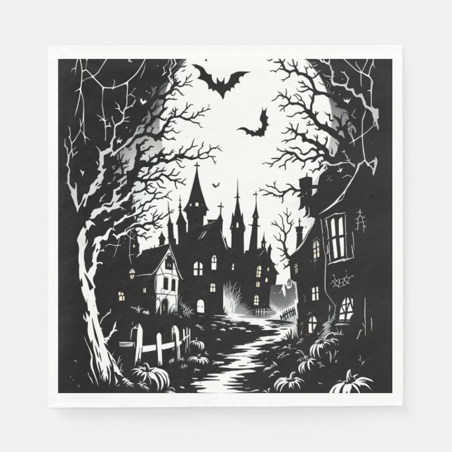 Black and White Silhouette-Haunted Town Pappersservett (Framsidan)