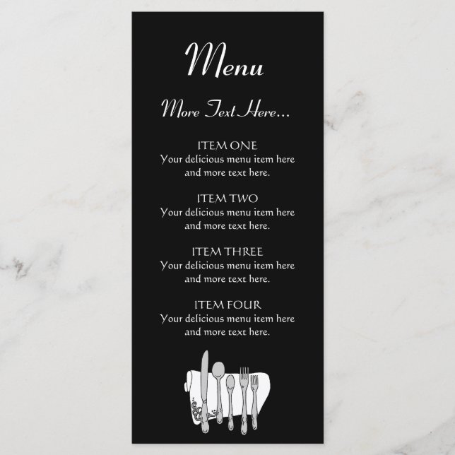 Black and White Siverware Design Menu 4x9 inch Meny (Framsida)