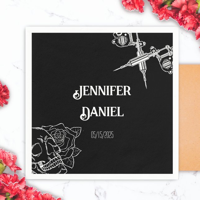 Black and White Skull Tatto Bröllop Pappersservett (Black and White Skull Tattoo Wedding Napkin)