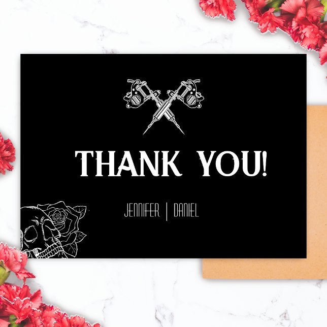 Black and White Skull Tatto Bröllop Tack Kort (Black and White Skull Tattoo Wedding Thank You Card)