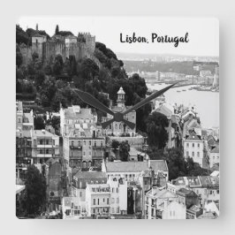 Black and White Skyline från Lissabon Portugal Fyrkantig Klocka