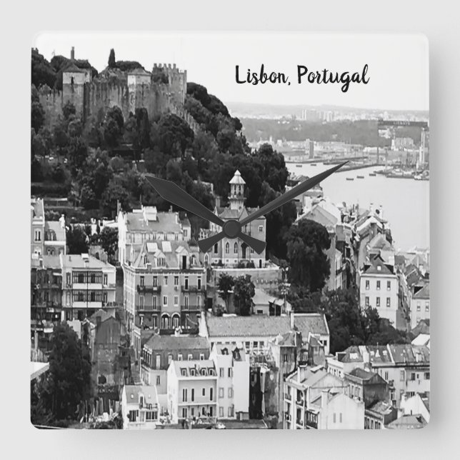 Black and White Skyline från Lissabon Portugal  Fyrkantig Klocka (Framsida)
