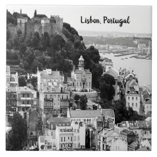 Black and White Skyline från Lissabon Portugal Kakelplatta