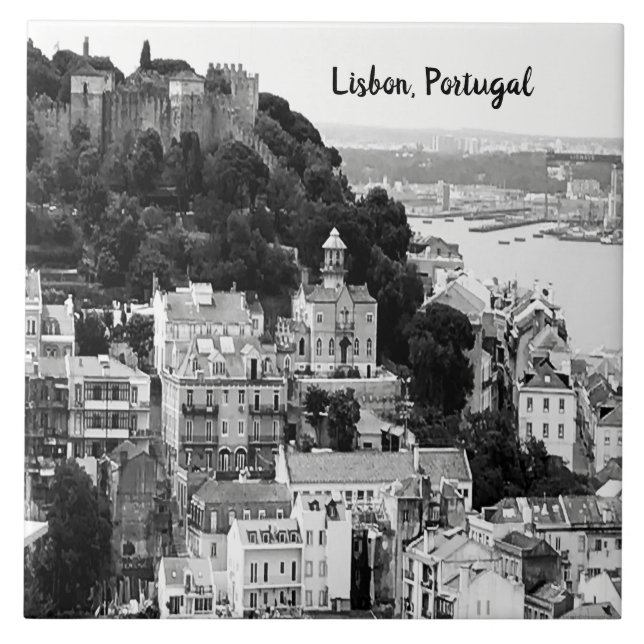 Black and White Skyline från Lissabon Portugal Kakelplatta (Framsidan)