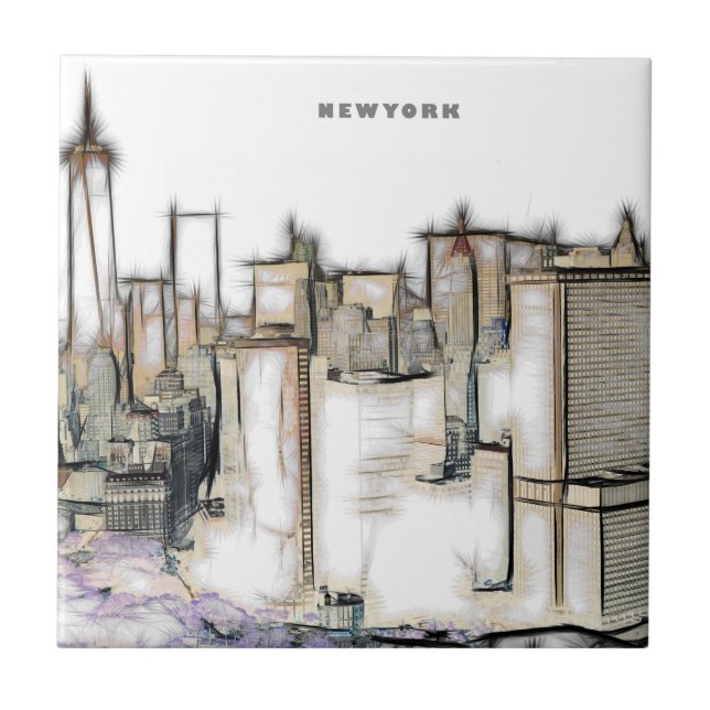 Black and White Skyline New York City Teckning Kakelplatta (Framsidan)