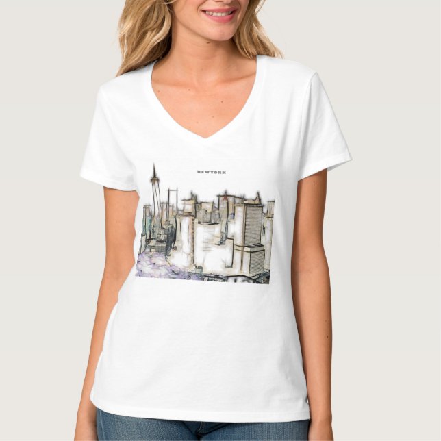 Black and White Skyline Newyork City Teckning T Shirt (Framsida)