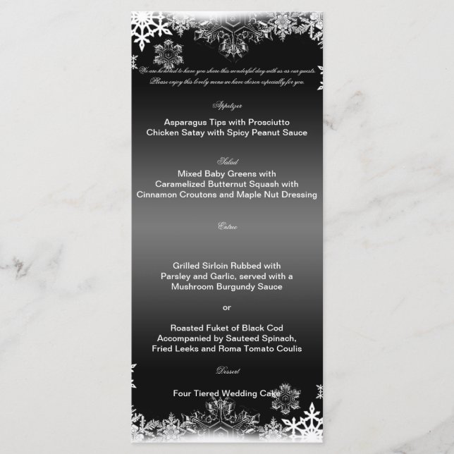 Black and White Snowflake Bröllop Menu Meny (Framsida)