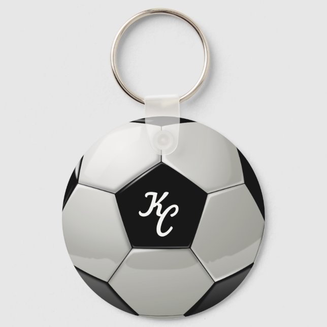 Black and White Soccer Ball Monogram Initialer Nyckelring (Framsida)