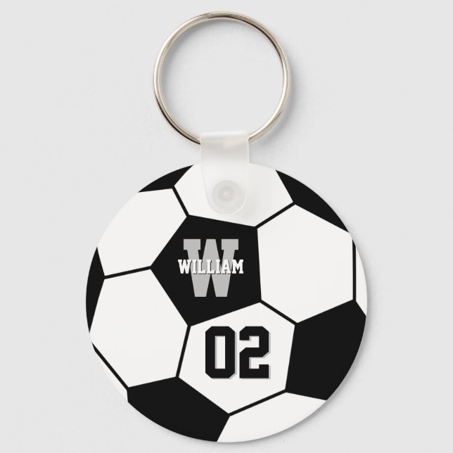 Black and White Soccer Ball Sports Monogram Nyckelring (Framsida)