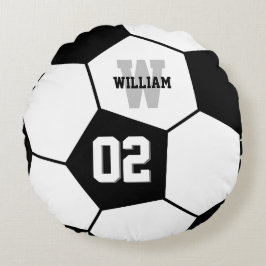 Black and White Soccer Ball Sports Monogram Rund Kudde