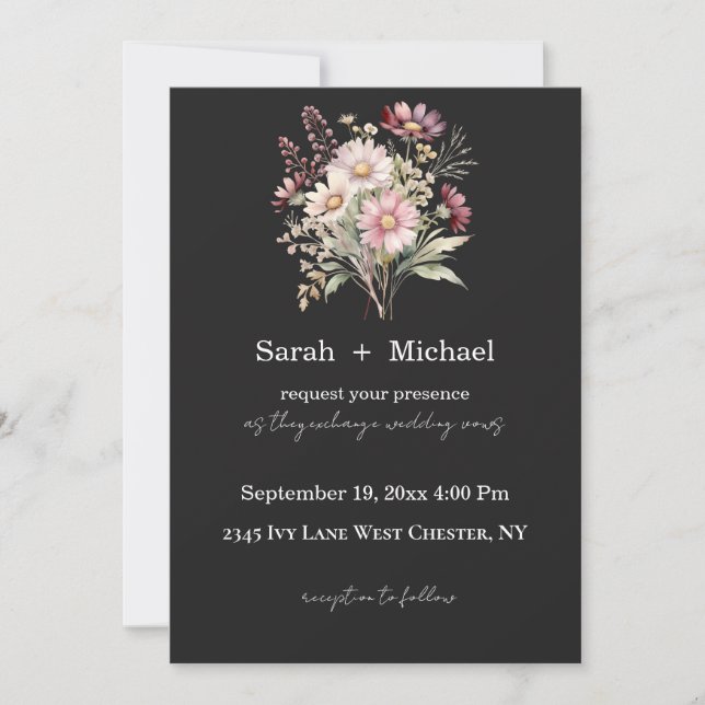 Black and White Spring Floral Wedding Invitation Inbjudningar (Framsida)