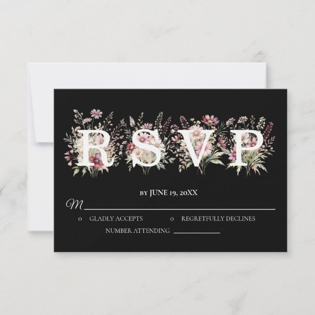 Black and White Spring Floral Wedding RSVP card OSA Kort (Framsida)