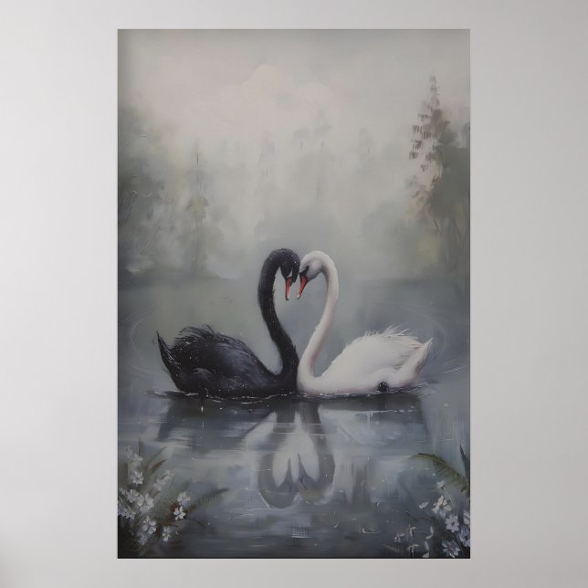Black and White Swans in Misty Lake Dark Poster (Framsidan)
