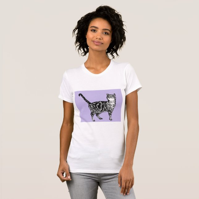 Black and White Tabby katt Girls Lila T Shirt Top (Hel framsida)