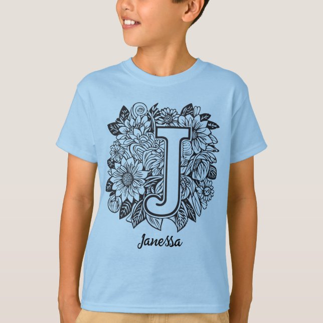Black and White Tattoo Flowers Monogram Letter J T Shirt (Framsida)