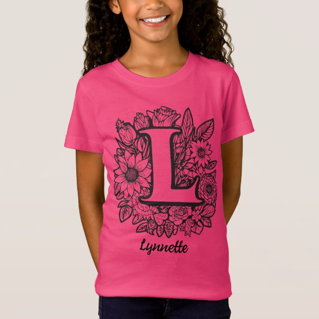 Black and White Tattoo Flowers Monogram Letter L T Shirt (Framsida)