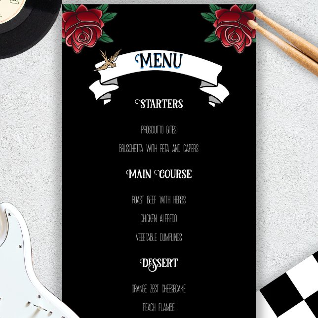 Black and White Tattoo Rockabilly Bröllop Menu Meny (Black and White Tattoo Rockabilly Wedding Menu)