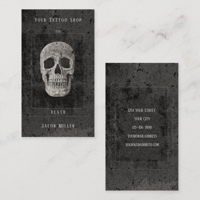Black and White Tattoo Skull Tarot med gotin Vinta Visitkort (Fram/baksida)