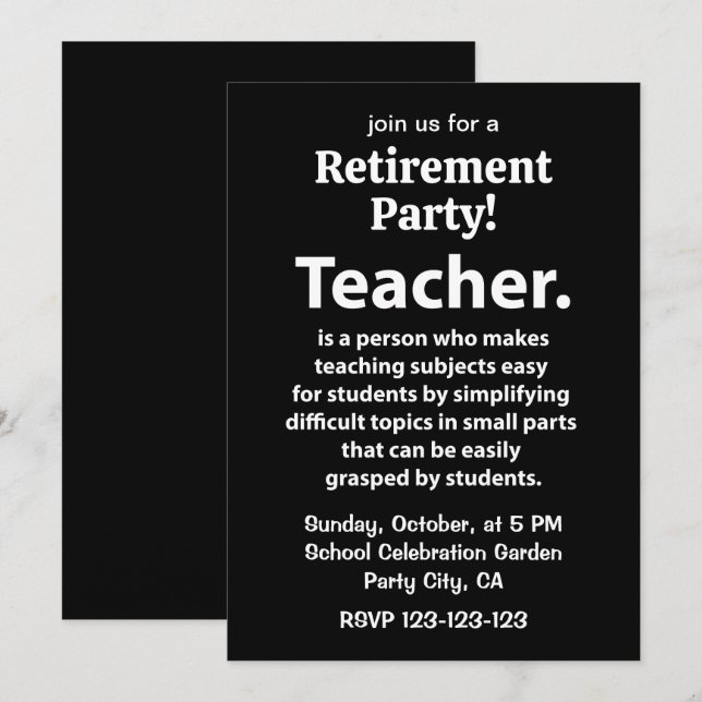 Black and White Teacher Retirement Party Inbjudningar (Fram/baksida)