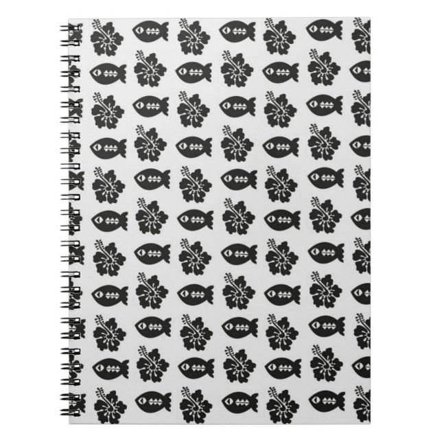 Black and White Tiki Fish and Flower Pattern Anteckningsbok (Framsidan)